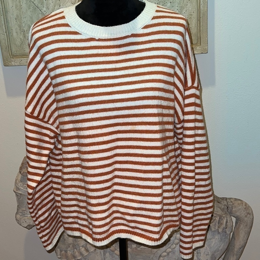 My Little Mushroom biu boxy striped burnt orange ivory crew neck‎ sweater Sz XS